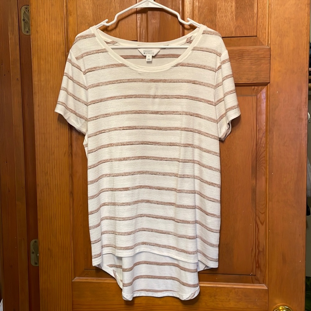 Casual short sleeve top. Longer in the back to cover your “assets”.
